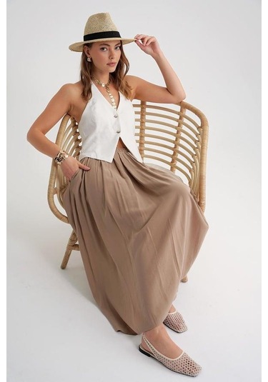 4612 Kadın Yandan Cepli Pileli Bol Etek Toprak Toprak