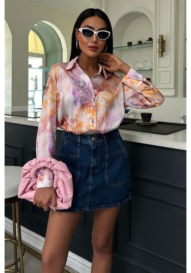 Batik Desenli Saten Gömlek 3409 Multi