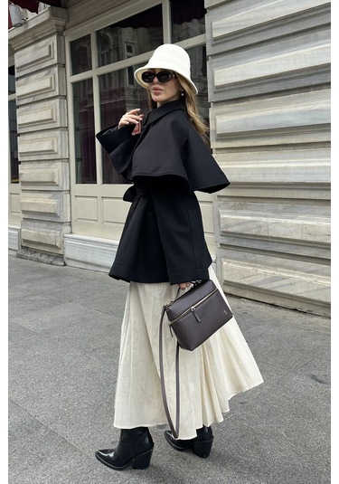 Siyah Livia Pelerin Detaylı Kaşe Kaban Siyah