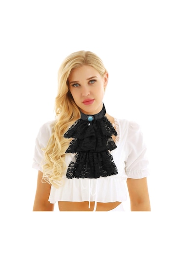 Siyah Sahte Yaka Victoria Rönesans Ayrılabilir Yaka Gömlek Ruffled Jabot Boyunluk Sahne Partisi Steampunk Süslü Elbise Kostüm Siyah