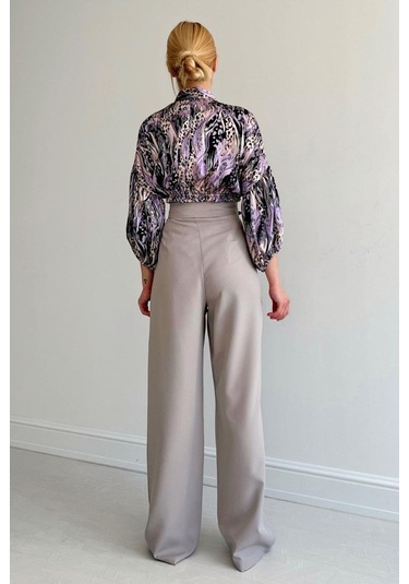 Beli Lastikli Saten Gömlek - Lila Karışık Çok Renkli