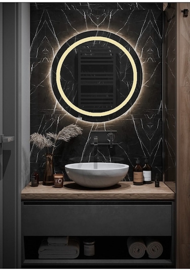 Nuun Dekor 60cm Günışığı Ledli Kumlamalı Banyo Lavabo Ofis Makyaj Kuaför Aynası - Trafolu Ahşap