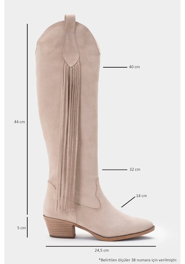Rios Bej Hakiki Deri Süet Püsküllü Kadın Kalın Topuklu Çizme Bej Süet