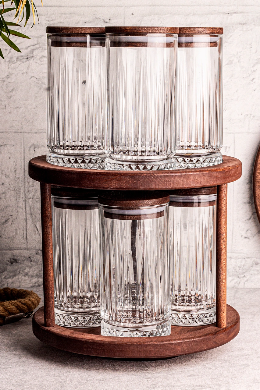 Tomira - 9 Parça Ahşap Döner Standlı Vakumlu Kapaklı Cam Saklama Kabı Baharatlık Seti 450 Ml Ahşap