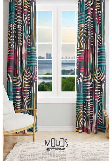 Renkli Fırça Desenli Süet Oturma Odası Salon Fon Perde Baskılı Ekstrafor Büzgü 2 Kanat Prd-1075 Çok Renkli