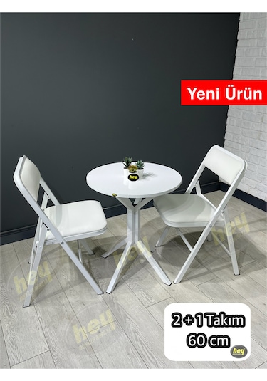 Mercan 2 Kişilik Yuvarlak Mutfak Yemek Masası Takımı 2+1 Beyaz Deri 60 Cm Beyaz 2'li