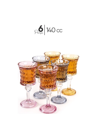 Mest 6 Adet 3 Renk Ayaklı Kahve Yanı Su Bardağı Seti - 140 Cc Bal Renk, Pembe, Mavi 3 Renk