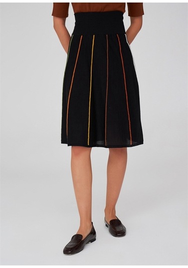 Peraluna Çizgili Yüksek Bel Bol Kesim Diz Altı Kadın Triko Etek S Siyah