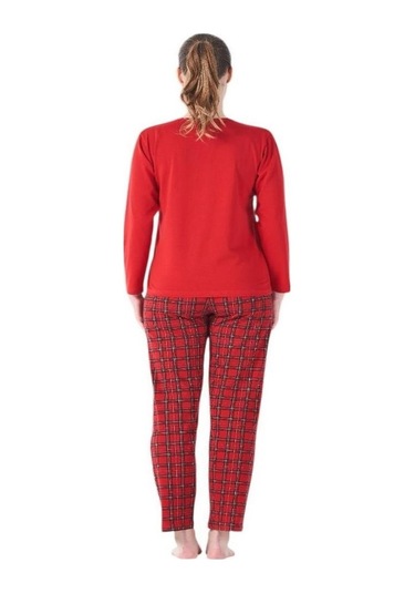Estiva Ekose Desen Patlı Düğmeli Kareli Bayan Pijama Takım Kırmızı