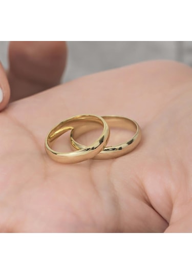 4 mm Bombeli Klasik Düz Altın Kaplama Tek Gümüş Alyans Yüzük