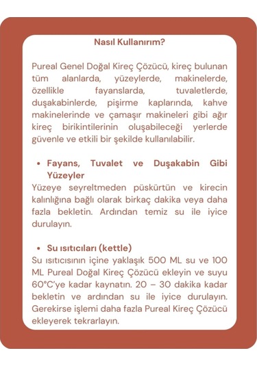 Pureal Doğal Kireç Çözücü - Tüm Kireçli Yüzeyler, Espresso Ve Kahve Makineleri - Su Isıtıcıları 1 L Tekli