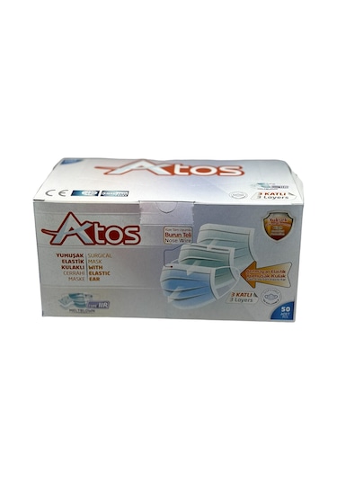 Atos Meltblown Yumuşak Lastikli Burun Telli 3 Katlı Cerrahi Maske