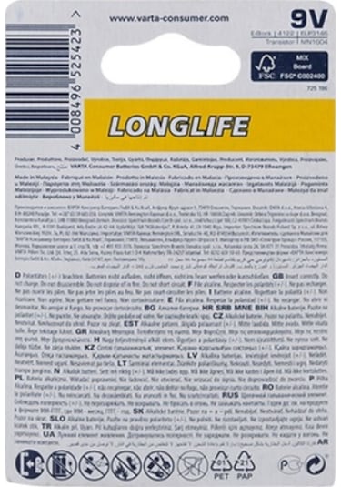 Varta Longlife Alkalin Pil 9V, E-Block, 6LP3146
