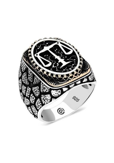 Gümüş Adalet Terazisi Oval Erkek Yüzük Çok Renkli