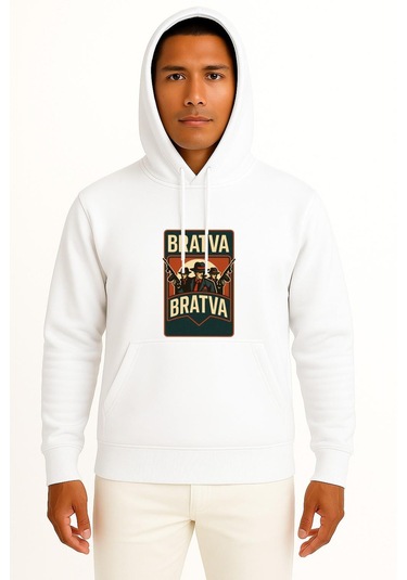 Kapüşonlu Bratva İtalian Mafia Göğüs Tasarımlı Unisex Sweatshirt Beyaz