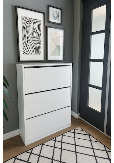 3 Bölmeli Ayakkabılık - Beyaz Beyaz