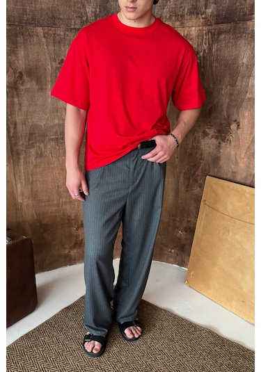 Hyman Erkek %100 Pamuk Oversize Basic T-shirt Kırmızı