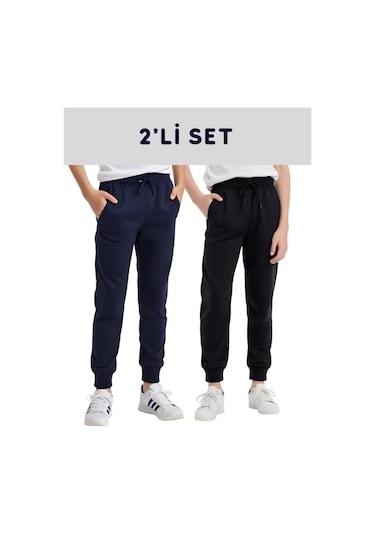 2'lü Düz Baskısız Jogger Çift Cepli Çocuk Eşofman Altı Lacivert - Siyah