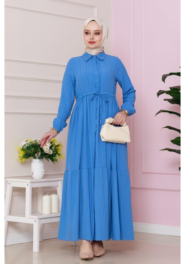 Gömlek Yaka Beli Tünelli Sare Elbise-mavi-4738 Mavi