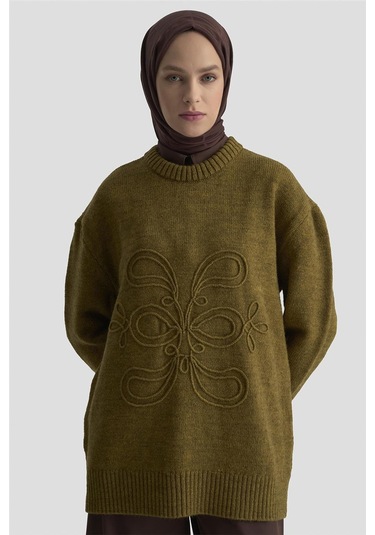 Armine İşleme Detaylı Kazak 25kd6003 Koyu Haki Haki