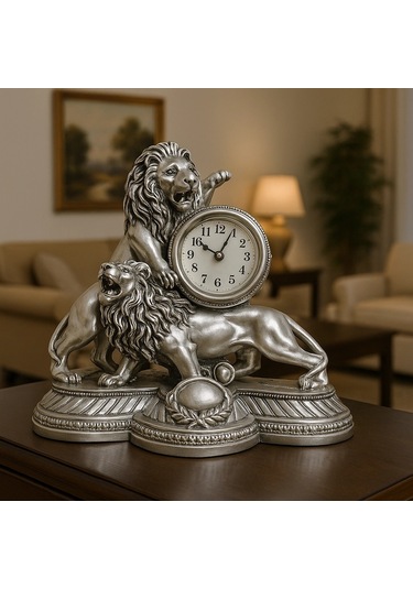 Gümüş Gold Aslan Figürlü Masa Saati 28x26 Gümüş