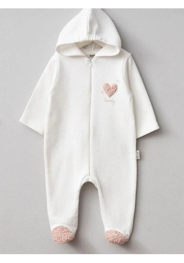 Kız Bebek Kalp Desenli Kapüşonlu Fermuarlı Tulum-15261 Ekru