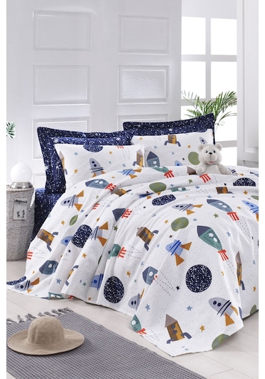 Enlora Home Pike Seti Baskılı Tek Kişilik Baskılı Spacex Lacivert