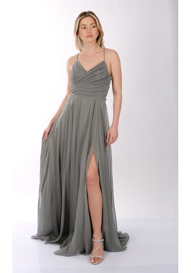 Dori İnce Askılı Önden Yırtmaçlı Drape Kiloş Abiye Elbise 00kb6128 Çağla