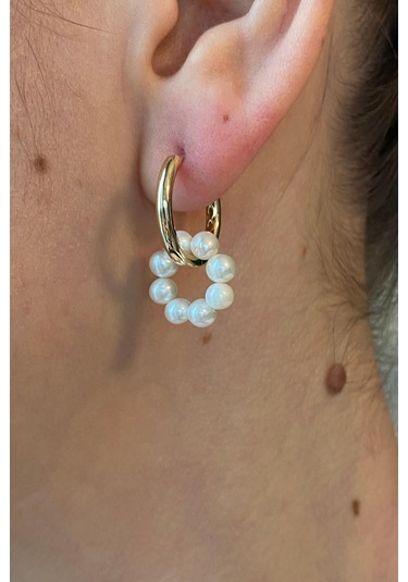 3-4,5 Mm Büyük Halka Geçirmeli Charm Doğal İnci Küpe Gold