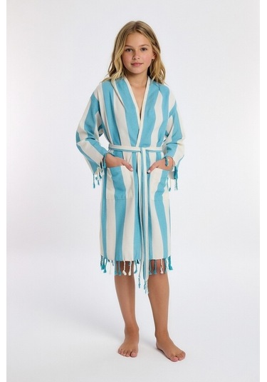 Çocuk Striped Peştamal Bornoz %100 Pamuk Unisex Mavi