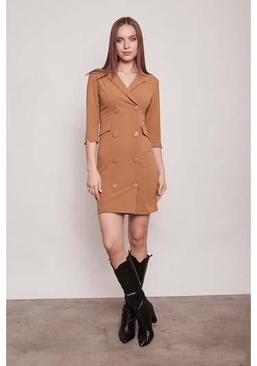 Yakalı Sırt Dekolteli Anvelop Likralı Kumaş Düğmeli Ceket Elbise (515549421)