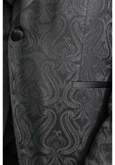 Dalgalı Desenli S Al Yaka Yelekli Siyah Smokin - Wessi Siyah