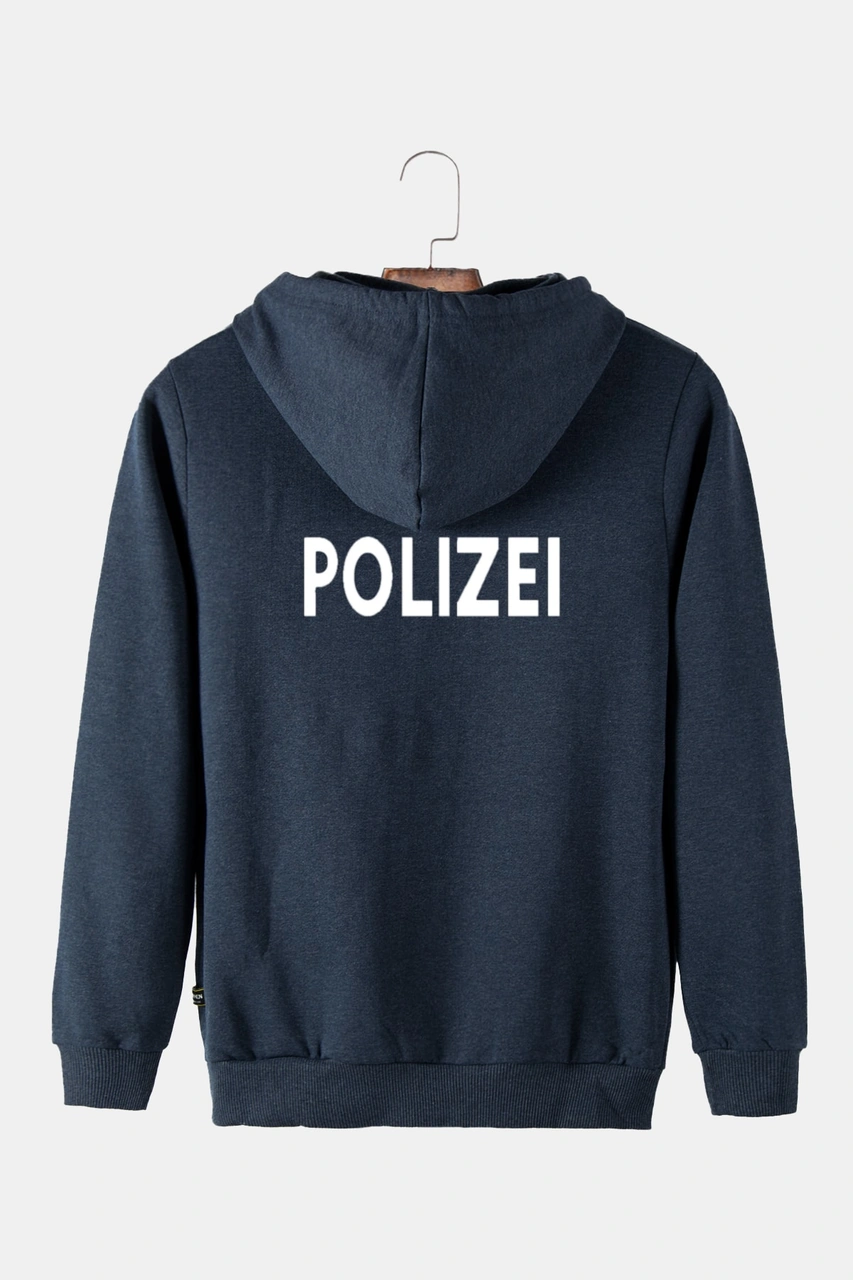 Unisex Indigo Kapüşonlu Arkası Polizei Baskılı Slim Fit Kanguru Cepli Sweatshirt İndigo