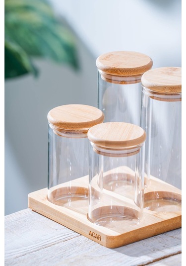 Malibu Bambu Standlı 4 Lü Cam Baharatlık Seti Şeffaf