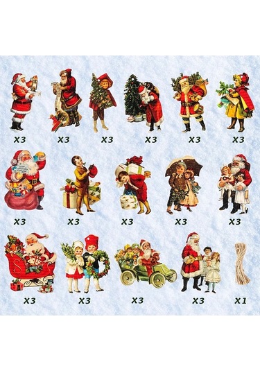 Novahub Ahşap Noel Baba Süsleri Seti - 45 Parça + 10m Keten İp, El Yapımı Dekoratif Figürler