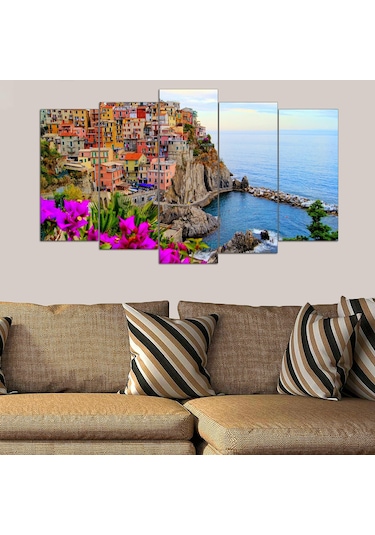 İtalya Cinque Terre Manarola Sahil Köyü - 5 Parçalı Tablo