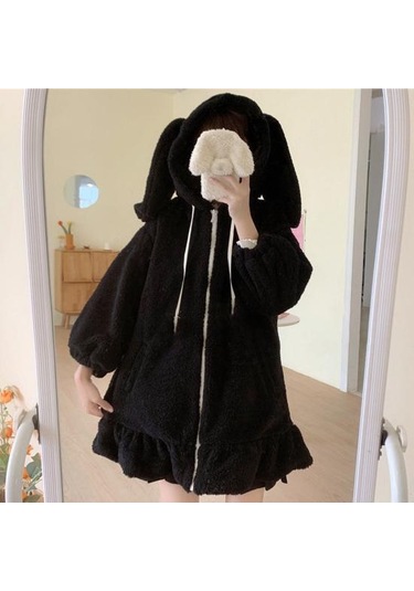 Sonbahar Kış Kadın Hoodie Tavşan Kulaklar Kapşonlu Fermuar Peluş Ceket Lolita Elastik Manşet Kazak Ceket Alışveriş İçin Siyah Sonbahar Kış Kadın Hoodie Tavşan Kulaklar Kapşonlu Fermuar Peluş Ceket Lolita Elastik Manşet Kazak Ceket Alışveriş İçin Siyah