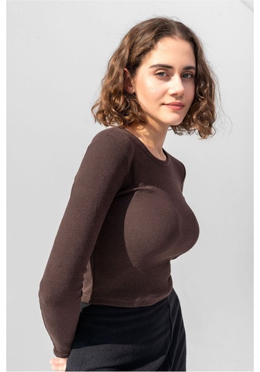 Gri Uzun Kollu Fitilli Bluz Crop Örme T-shirt Kahve