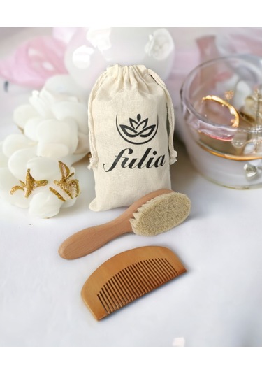 Fulia Doğal Keçi Kılı Bebek Saç Fırçası ve Ahşap Tarak 2'li Set