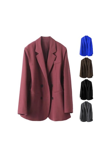 Kadın Takım Elbise Ceket Yaka Uzun Kollu Çift Sıralı Cepli Takım Elbise Ceket Düz Şarap Kırmızısı Bordo