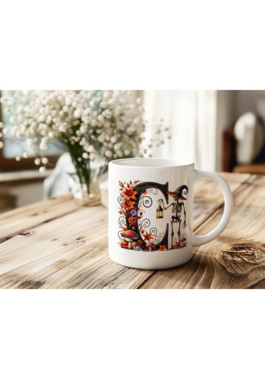 C Harfi Şapkalı İskelet Figürlü Ve Çiçekli Kupa Bardak - Cadılar Bayramı / Halloween Özel Hediye Beyaz