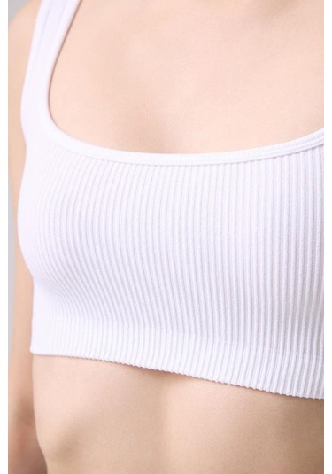 Cottonhill Premium - Kadın Beyaz Seamless Kare Yaka Crop Top Büstiyer Beyaz