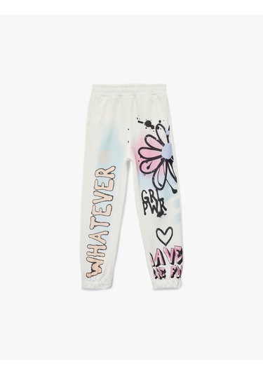 Koton Şardonlu Beli Lastikli Baskılı Jogger Eşofman Altı Ekru 6wkg40049ak Ekru