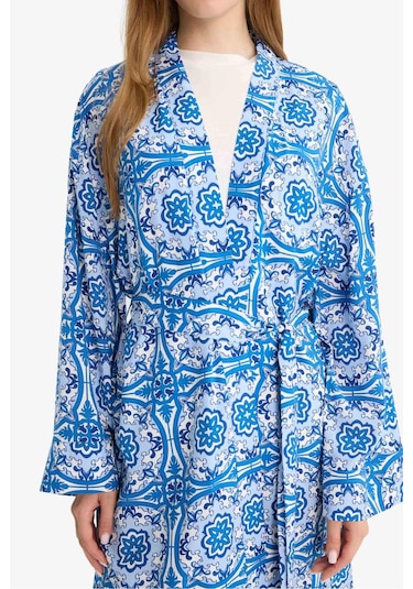 Defacto Relax Fit Bisiklet Yaka Desenli Viskon Kimono E7262ax25smbe43 Mavi