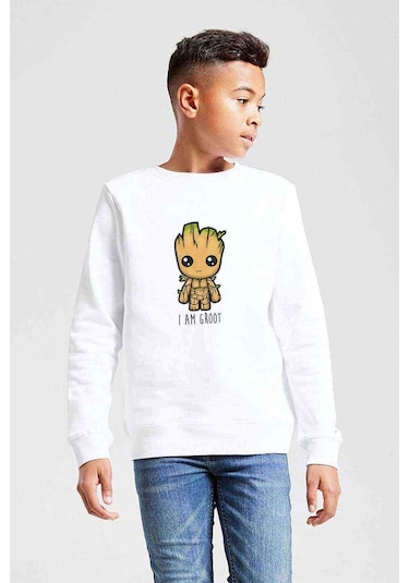 I Am Groot Baskılı Unisex Çocuk Beyaz Sweatshirt (534761009) Beyaz