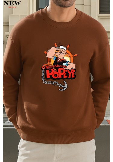 Popeye Baskılı Bisiklet Yaka Sweatshirt Kahverengi