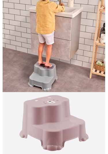 Flosoft Kaydırmaz Çocuk Taburesi Çift Basamaklı, Çocuk Banyo Lavabo Merdiven Yükseltici Pembe