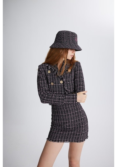 Holly Lolly Tüvit Kumaş Mini Tweed Etek Siyah
