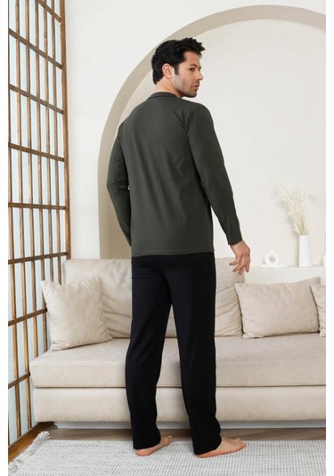 Erkek V Yaka Önden Düğmeli Pamuk Likra Mevsimlik Uzun Kol Cepli Pijama Takımı Haki
