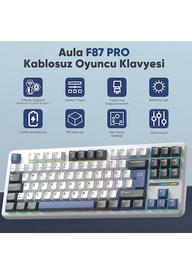 Aula F87 Pro Mekanik Rgb Tkl Graywood V4 Switch Kablosuz Makrolu Hot Swap Türkçe Q Klavye Mavi